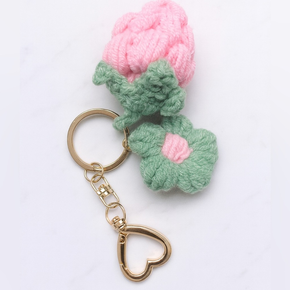 Pink and Green Crochet Flower Keychain